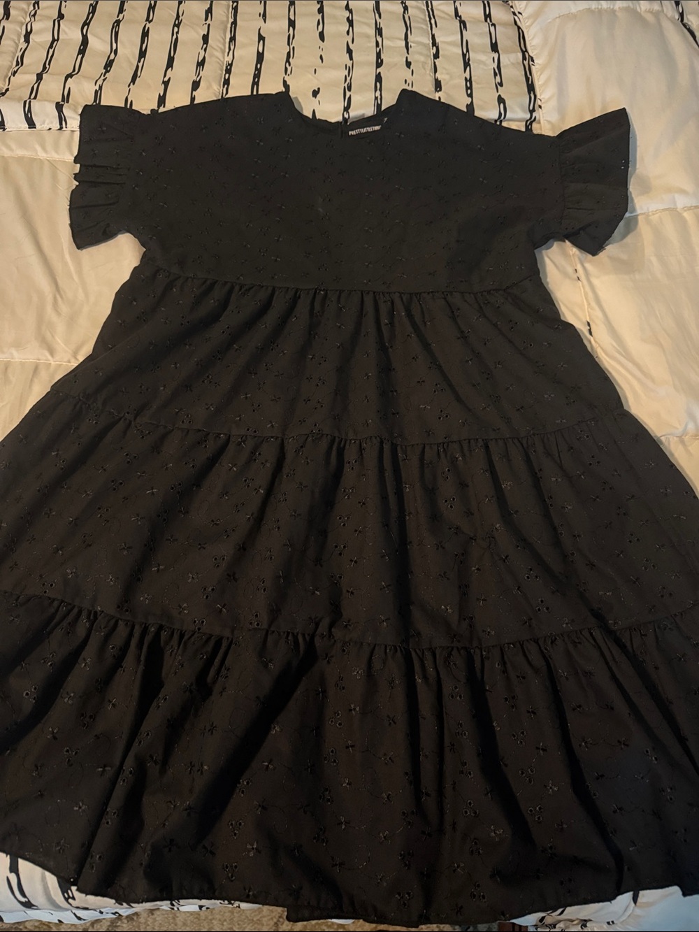 Prettylittlething Black Eyelet Tiered Midi Dress